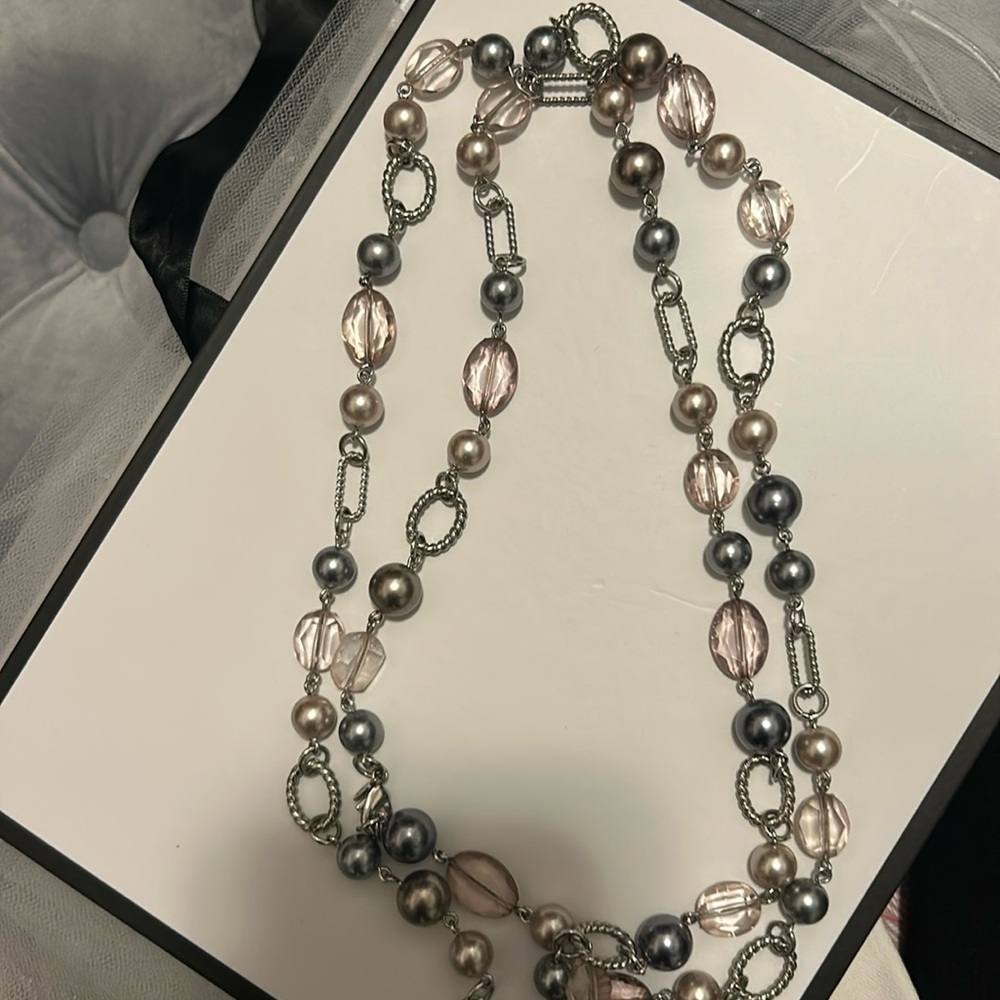 Premier Designs “Newport” Pink & Silver Faux Pearl Beaded Necklace 48" Retired
